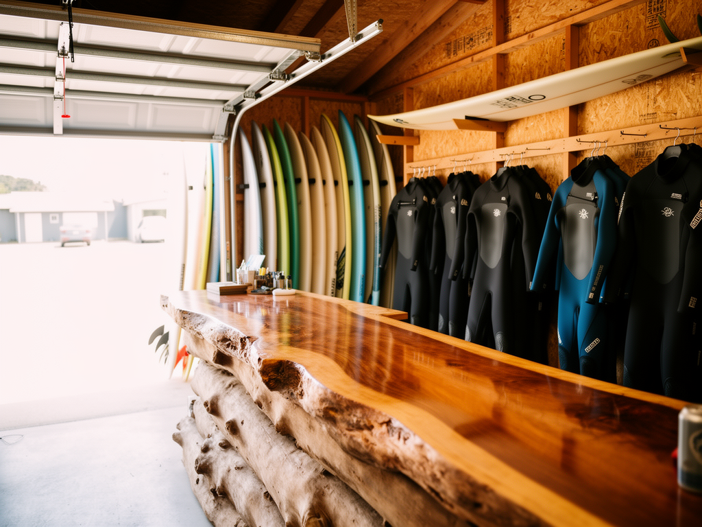 Inside the Driftwood Surf Co. shop: a driftwood counter and surfboards racked on the wall